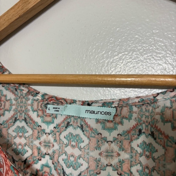 Maurices Boho Coral/Aqua Short Sleeve Sheer Blouse Size L - Picture 4 of 6